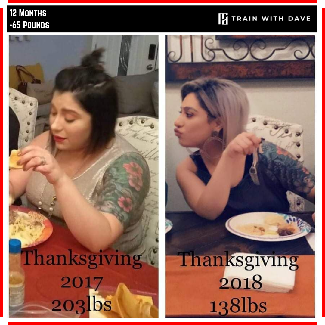 Monica before and after — 65 pounds lost in 12 months